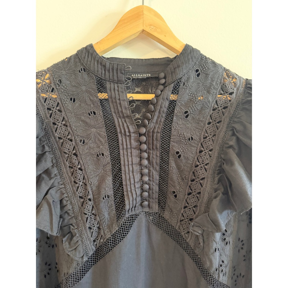 All Saints Prim Broderie Dress Black Eyelet Lace Ruffle Mini US 6 - Picture 3 of 12